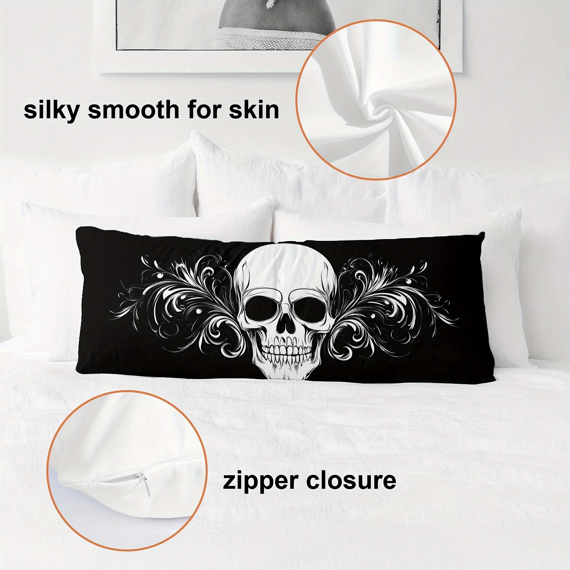 1pc Gothic Skull Floral Print Pillowcase 20x54 Inch - Double-Sided Black & White Design, Soft Short Fiber, Zipper Closure, Machi