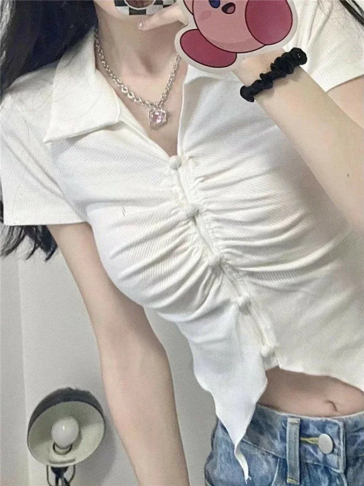 T-shirt a maniche corte irregolari Donna Shirring Estetica Casual Solid Femme Crop Tees Street Stile coreano Estate Hotsweet Chic