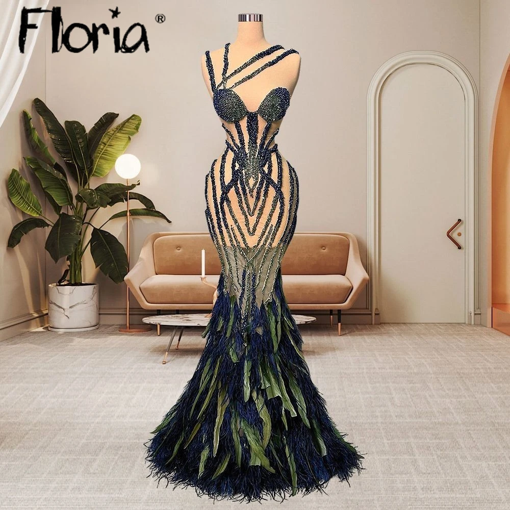 

Illusion Beading Luxury Evening Dress Dark Green Feather Mermaid Pageant Robes Dubai Design Formal Prom Gowns Custom Made