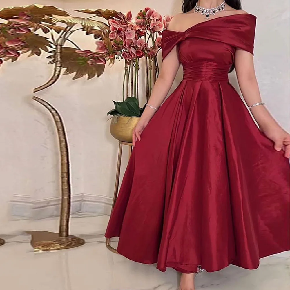 Customized Dark Red Midi Prom Dresses 2022 Taffeta Off Sleeves Ankle-Length Length Arabic Dubai Formal Party Gowns Evening Gowns