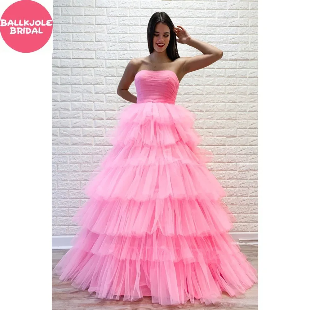 A-line Strapless Pleated Multi-Layers Tulle Long Prom Dress Puffy Prom Dress Vestido Dourado Longo Robe De Soiree  Evening Dress