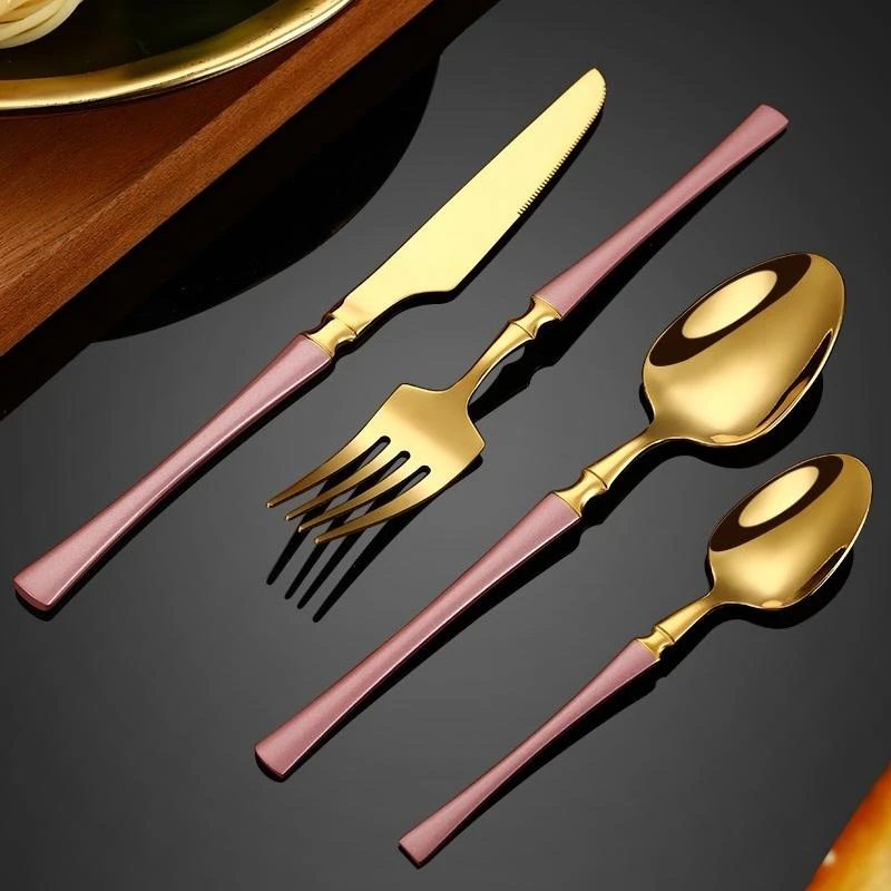 New 5PCS 304 Stainless Steel Cutlery Set with Pattern Gold Silver Western Tableware Knife Fork Spoon Utensils for Kitchen