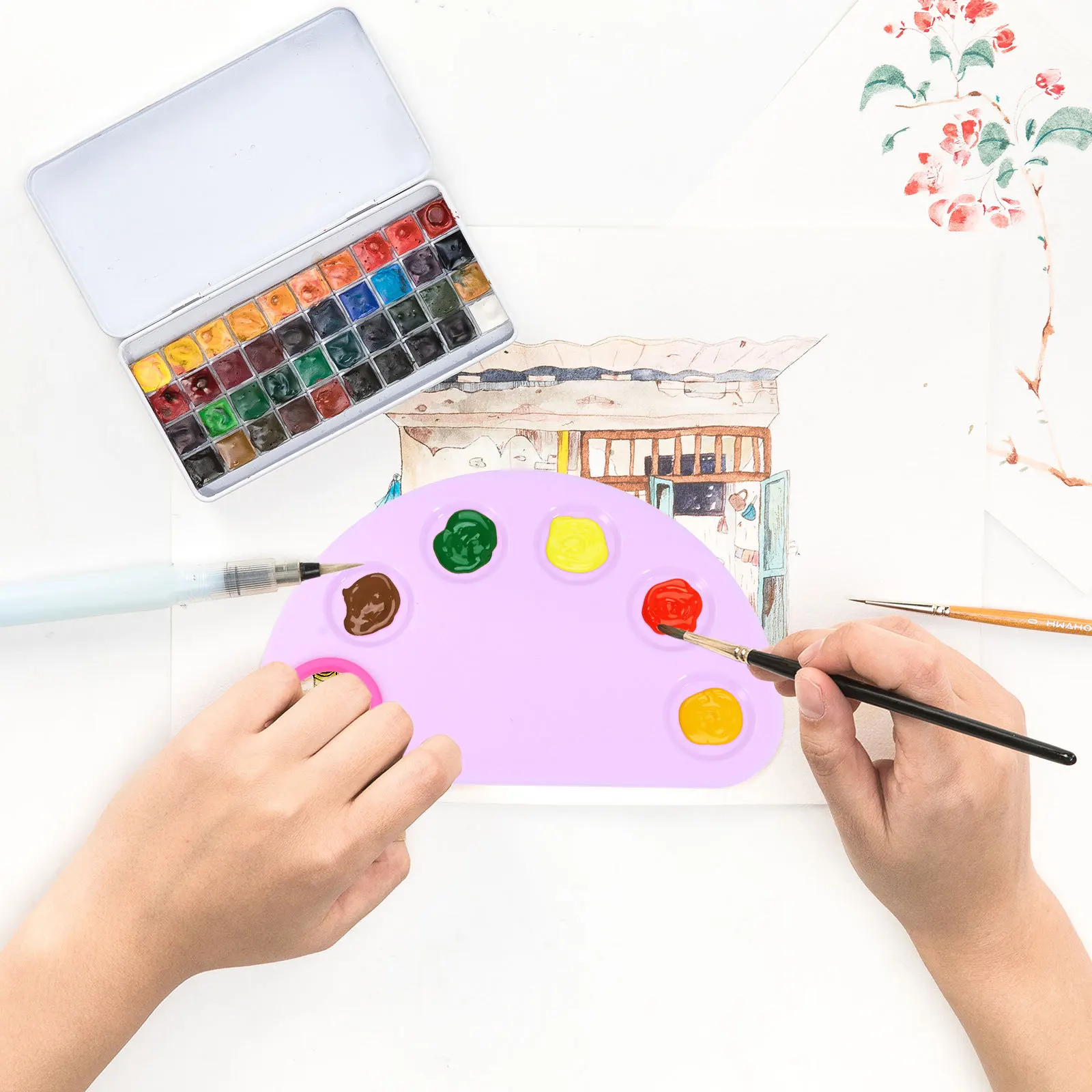 

2Sets Paint Trays Plastic Pallets Practical Large Capacity Color Fixing Plate for Painters Students DIY Art Painting Board