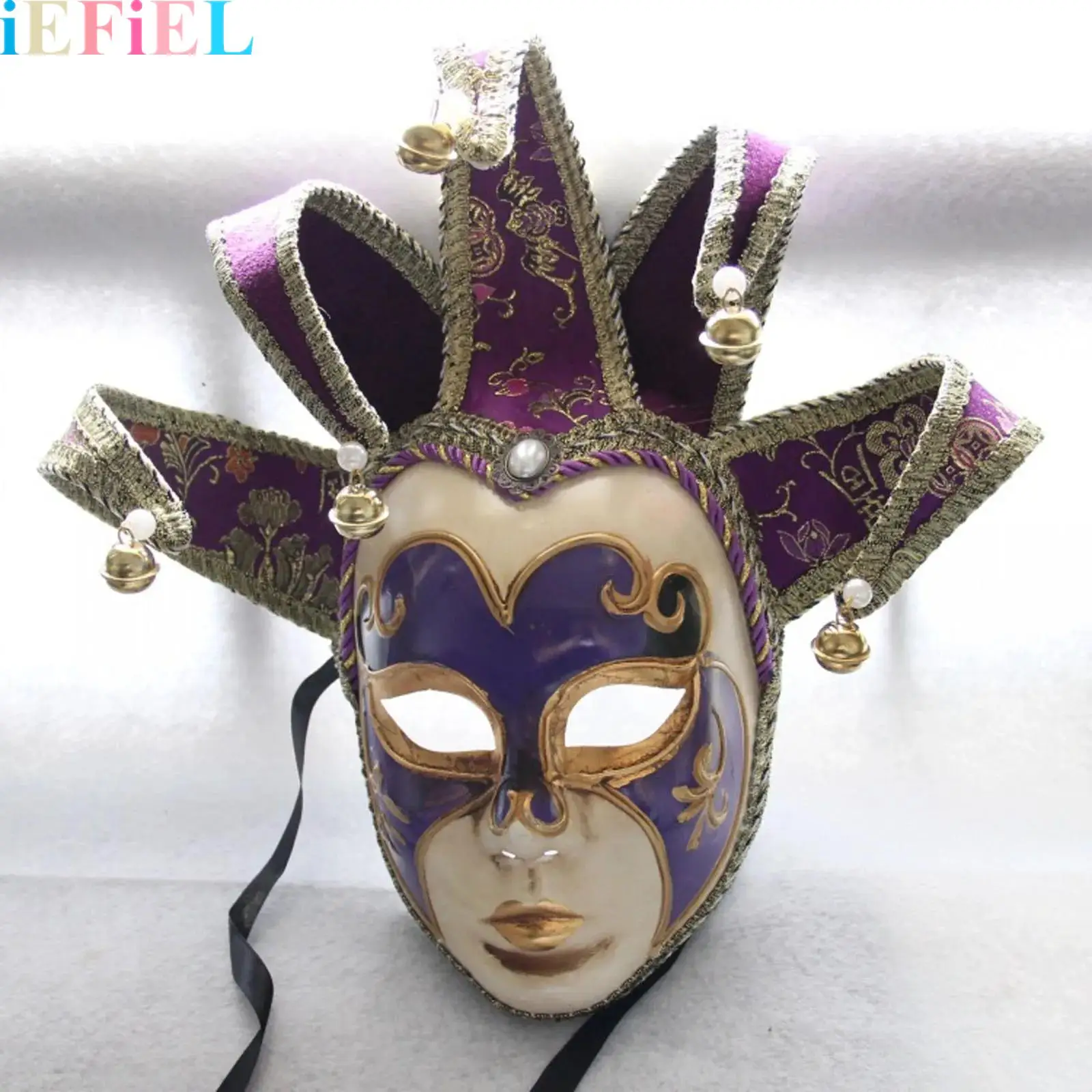 

1Pcs Halloween Masquerade Venetian Jester Mask Vintage Full Face Mask Music Mardi Gras Bells Decorative Mask for Adults