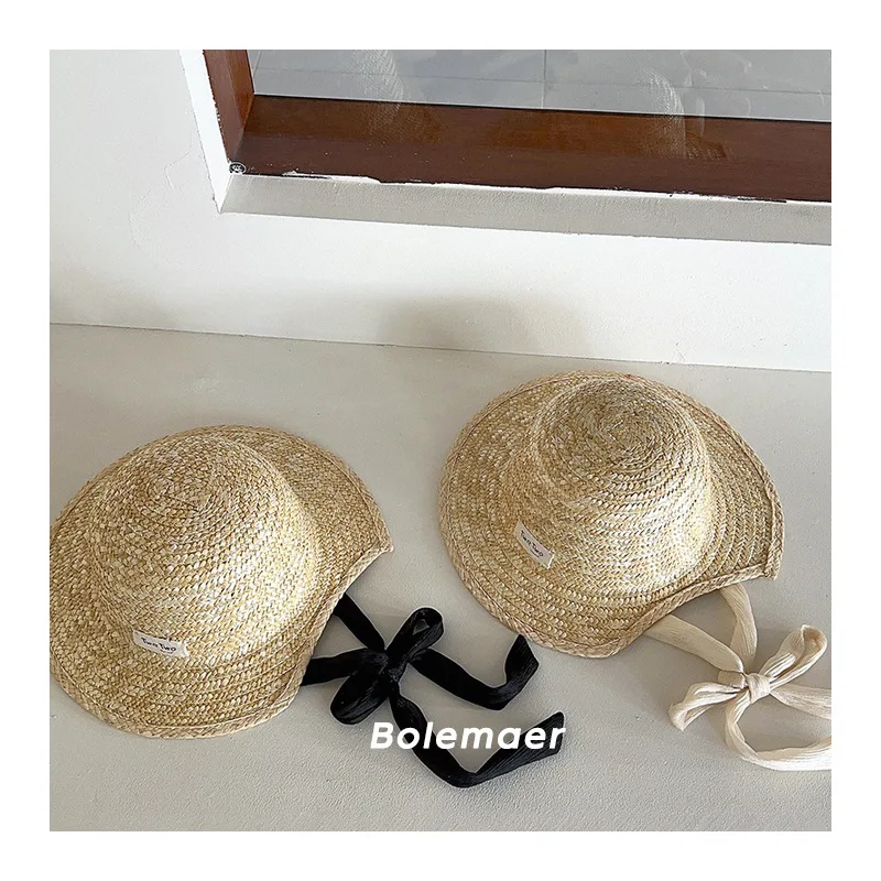 

2025 Summer Kids Straw Hat Korean Girls' Vacation Bow Tie Big Brim Children's Panama Caps Sunshade Girls Fisherman Straw Hat