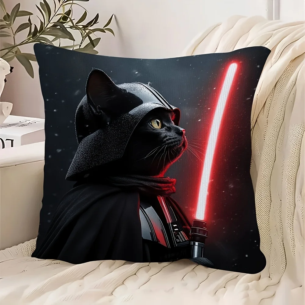 Funda de cojín de poliéster con estampado 2D a doble cara de Darth Vader y gato negro en fondo espacial nevado, 1 unidad, para dormitorio