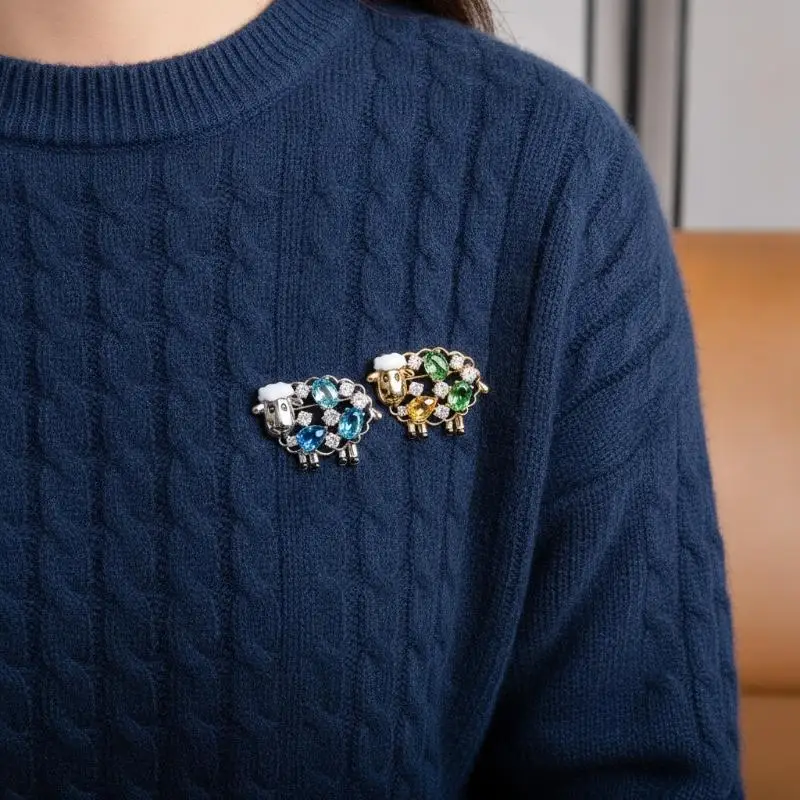 Enamel Goat Brooch Rhinestone Studded Cartoon Sheep Pin Cute Jewelry Gift for Kids Women Friends Holiday Present