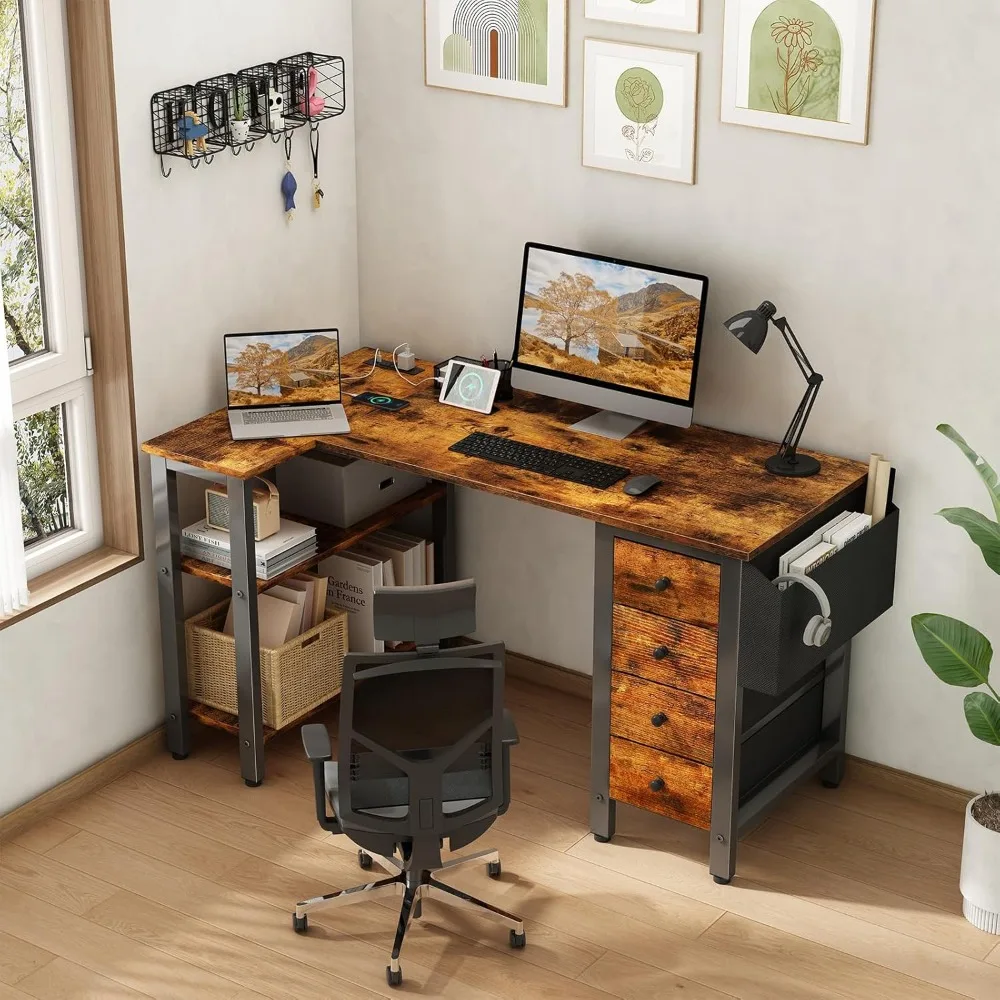 L Shaped Desk com gavetas e prateleiras de armazenamento, 47 "Canto Mesa do computador com Power Outlet para Home Office e Quarto