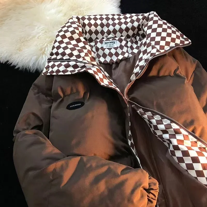 Vintage Thick Women Coats Korean Chic Hip Hop Plaid  Stand Collar Love Female Jackets Japanese Zipper Preppy Style Jackets