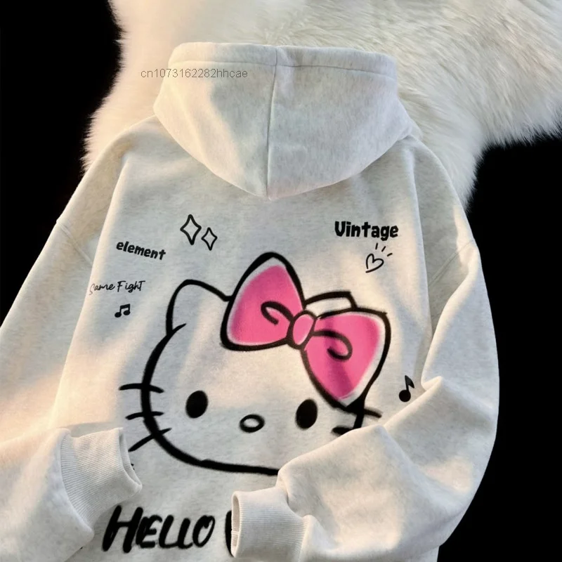 Sanrio Gothic Hello Kitty Pullover Hooded Sweatshirt Hip Hop 90s Vintage Japanese Harajuku Hoodie 2000s Yk2 Clothes Streetwear