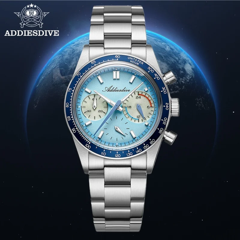 ADDIESDIVE 37mm Chronograph Men Watch AD2539 BGW9 Luminous Aluminum Ring 10Bar Waterproof 316L Stainless Steel VK63 Quartz Watch