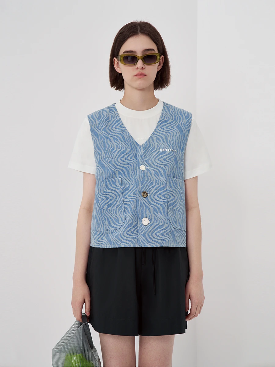 

SEROOM Ретро Street Sle Джинсовый жилет с принтом зебры Женский весенний хлопковый модный топ с v-образным вырезом на пуговицах Faion