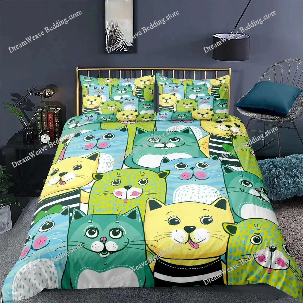 

Cat Duvet Cover Polyester Pattern with Hipster Playful Feline Characters, Decorative Twin Bedding Set WithPillow Sham