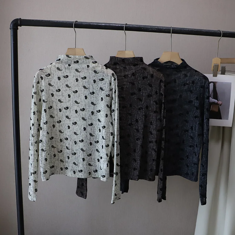 Ele f ذوي الياقات العالية رقيقة لي طويلة Sve تي شيرت المرأة أوائل الخريف جديد Sle Caew زهرة قاعدة عائمة irt