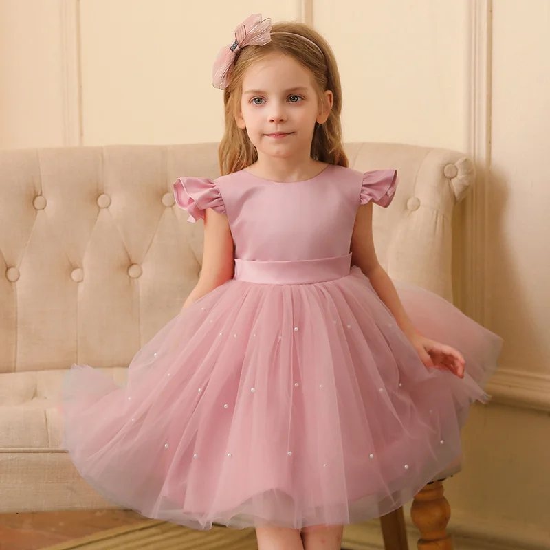 Smoke powder flying sleeve flower girl dress sweet waist children's princess dress wedding companion birthday performance dress