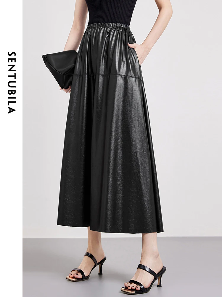 

SENTUBILA Black Simple Loose A-line Long Leather Skirt Womens 2024 Summer Elastic Waist PU Umbrella Skirts Clothing 141Q53030