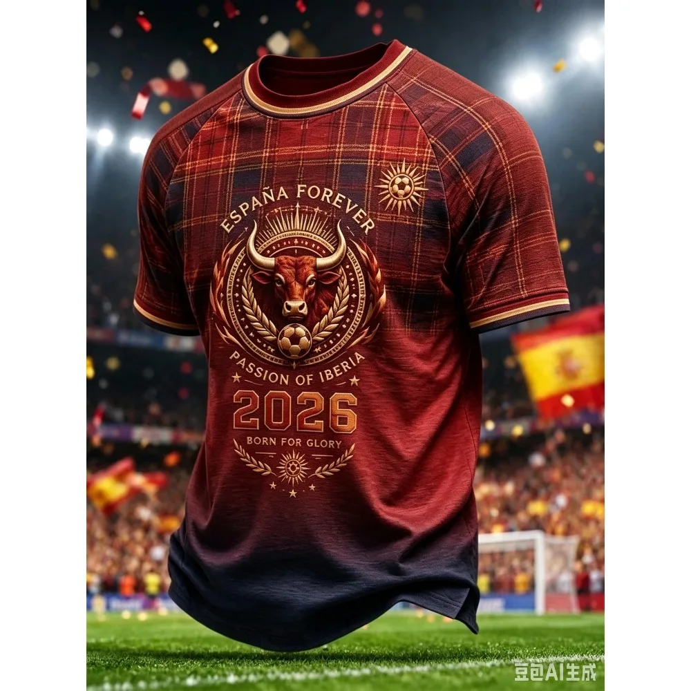 2026 Summer Unisex Spain Fans Soccer Jersey Charging Bull Pattern Printed T-shirt Breathable Casual Sports Short Sleeve Tops Tee