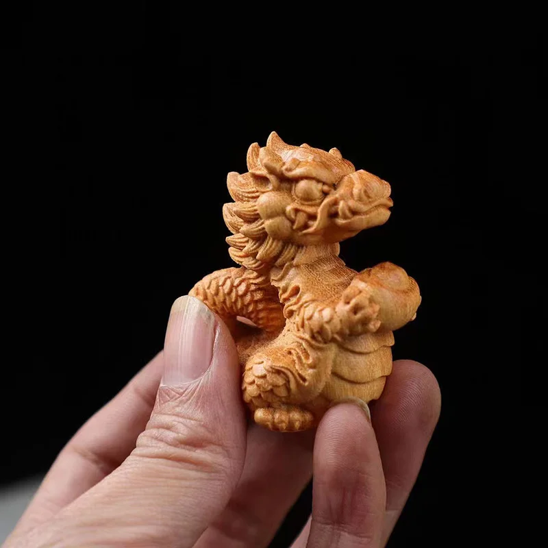 Natural Wooden Small Fire Dragon Ingot Fortune Statue Hand Carved Solid Wood  Cute Home Room mini Feng Shuidecoration Statue