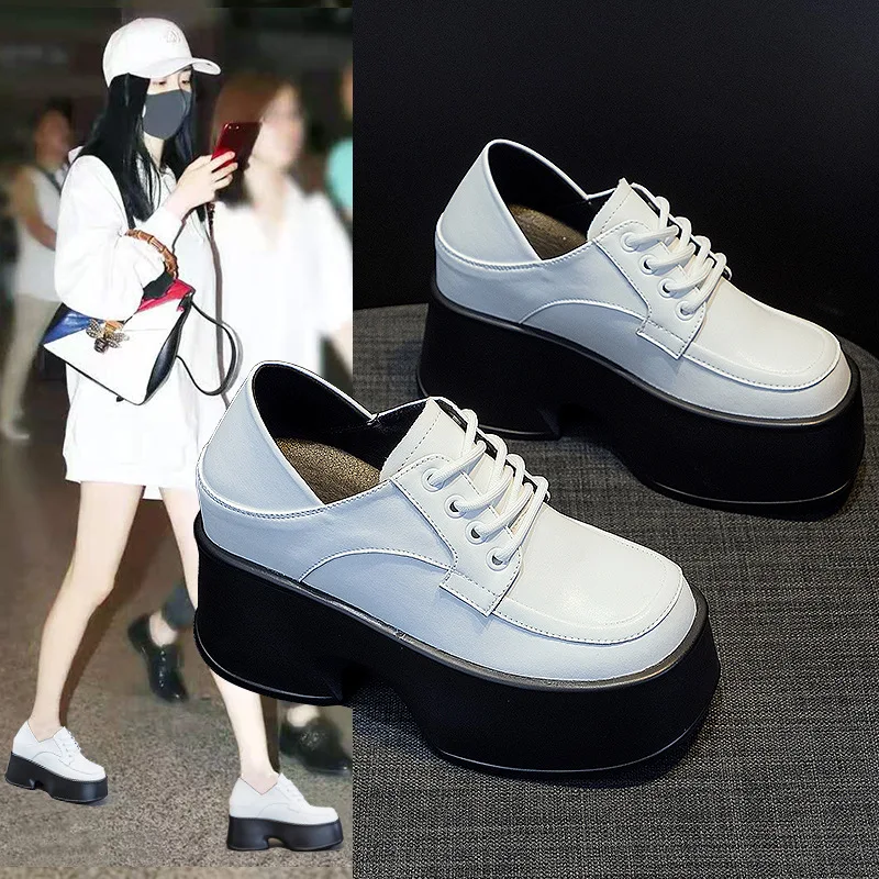 CICIYANG Girl Shoes British Style Loafers Genuine Leather 2024 New Spring Shoes Black White Lace-up Thick-soled High Heels Women