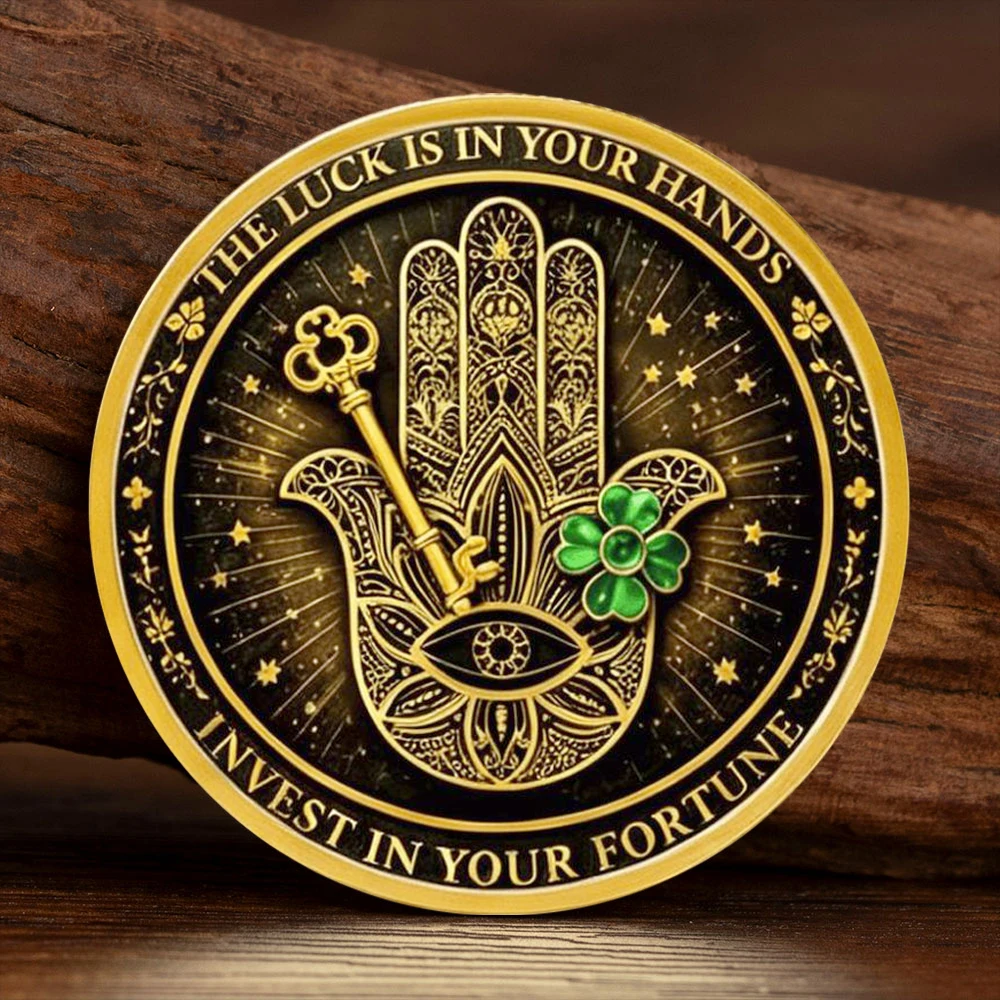 2D Good Luck Fortune Challenge Coin Hamsa Hand Lucky 7 Horseshoe Four Leaf Clover Gold Plated Commemorative Coin Gift