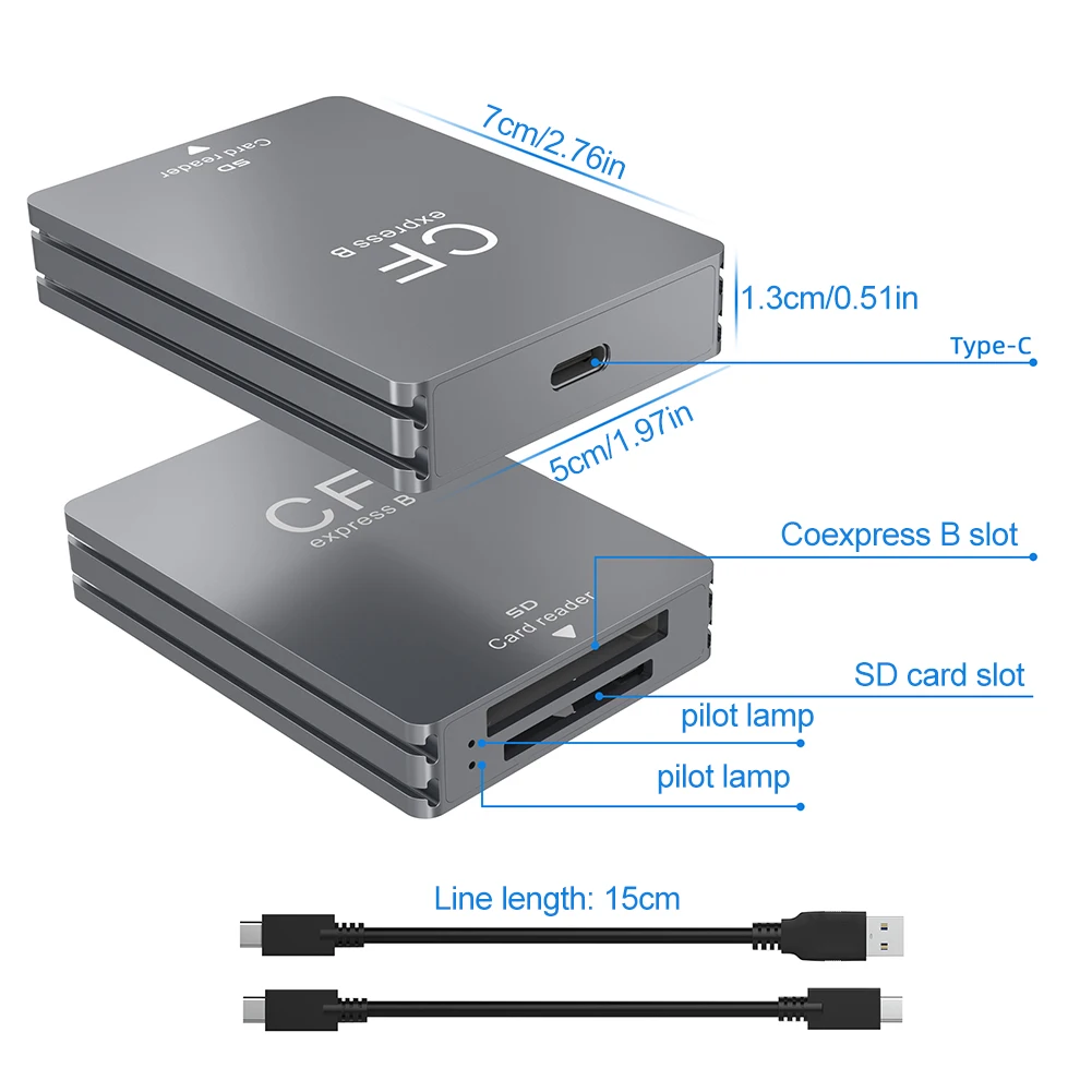 Czytnik kart SD 2 w 1 CFexpress typu B Przenośny czytnik CF Express USB 3.2 10 Gb/s z podwójnym gniazdem i kablem USB C do USB C/A do lustrzanek