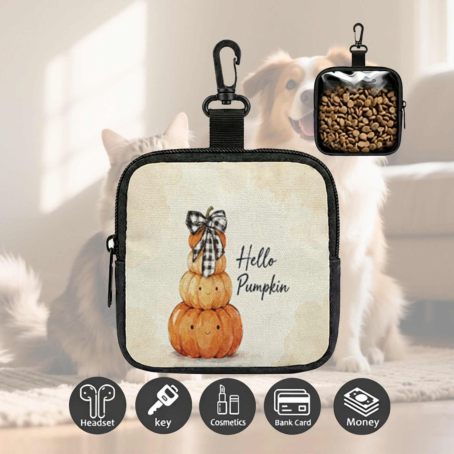Hello Pumpkin Stack Print Mini Zipper Pouch With Carabiner, Portable Storage Bag For Pet Treats Earphone Coin