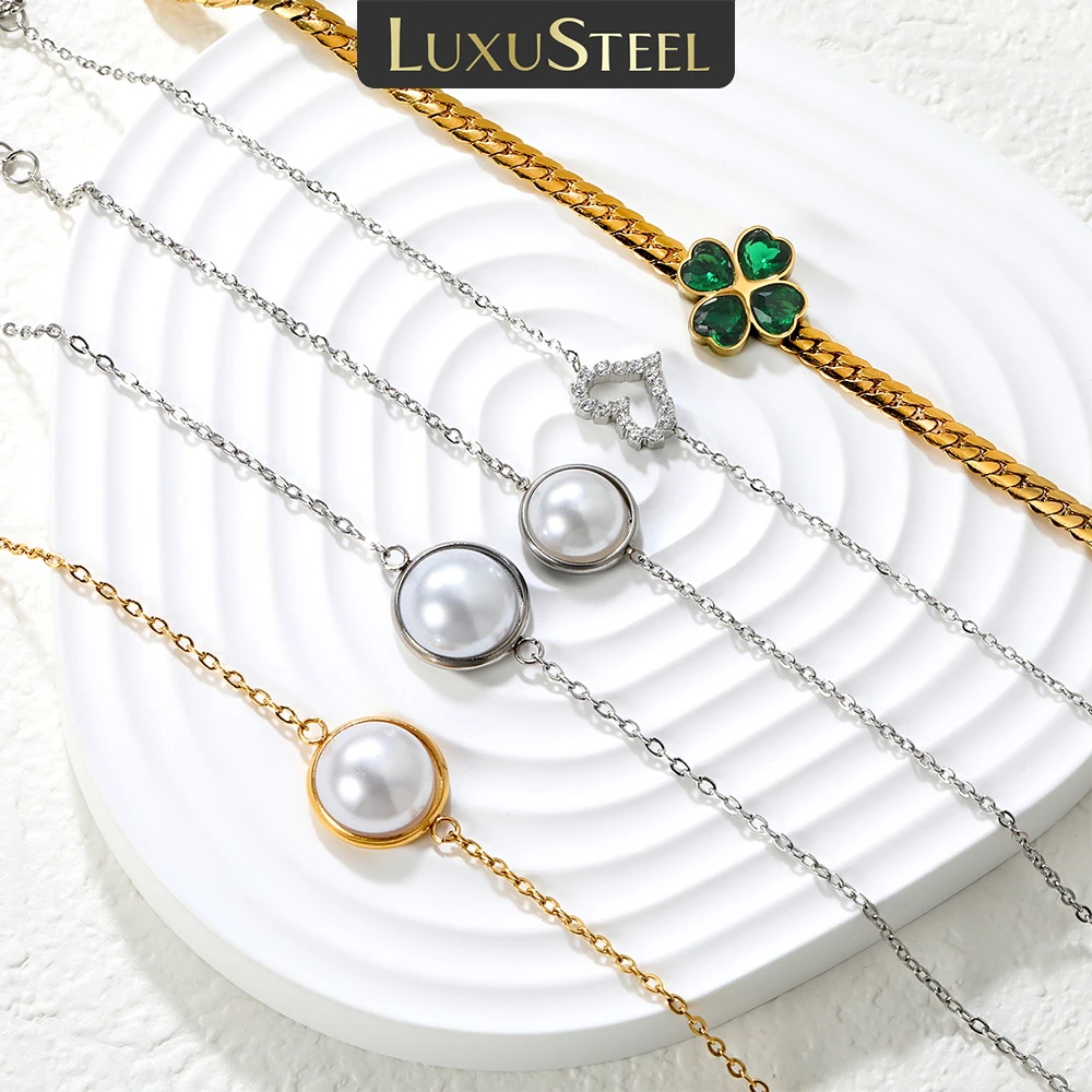 LUXUSTEEL Half Imitaiton Pearl Bracelet for Girl Stainless Steel Heart Clover Women's Chain Bracelet Charm Female Jewelry Gift