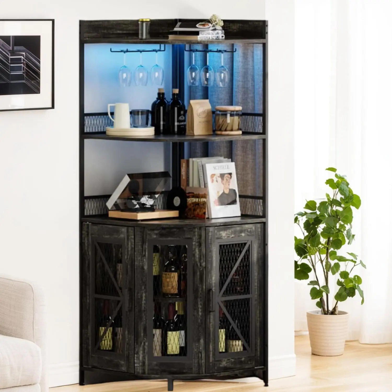 

Rustic Industrial Corner Bar Cabinet With 5 Shelves, LED Lighting, Wine Glass Rack, And Dual-Door Storage For Home Beverage