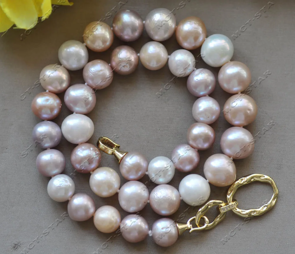 

Z12917 Big A+ 18" 14mm Pink Lavender White Round Edison Keshi Pearl Necklace