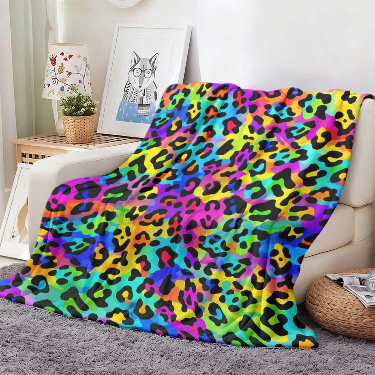 Vibrant Rainbow Gradient Leopard Spot All Over Base Fleece Blanket Cozy Throw For Bed Travel Dorm Fashion Decor Present