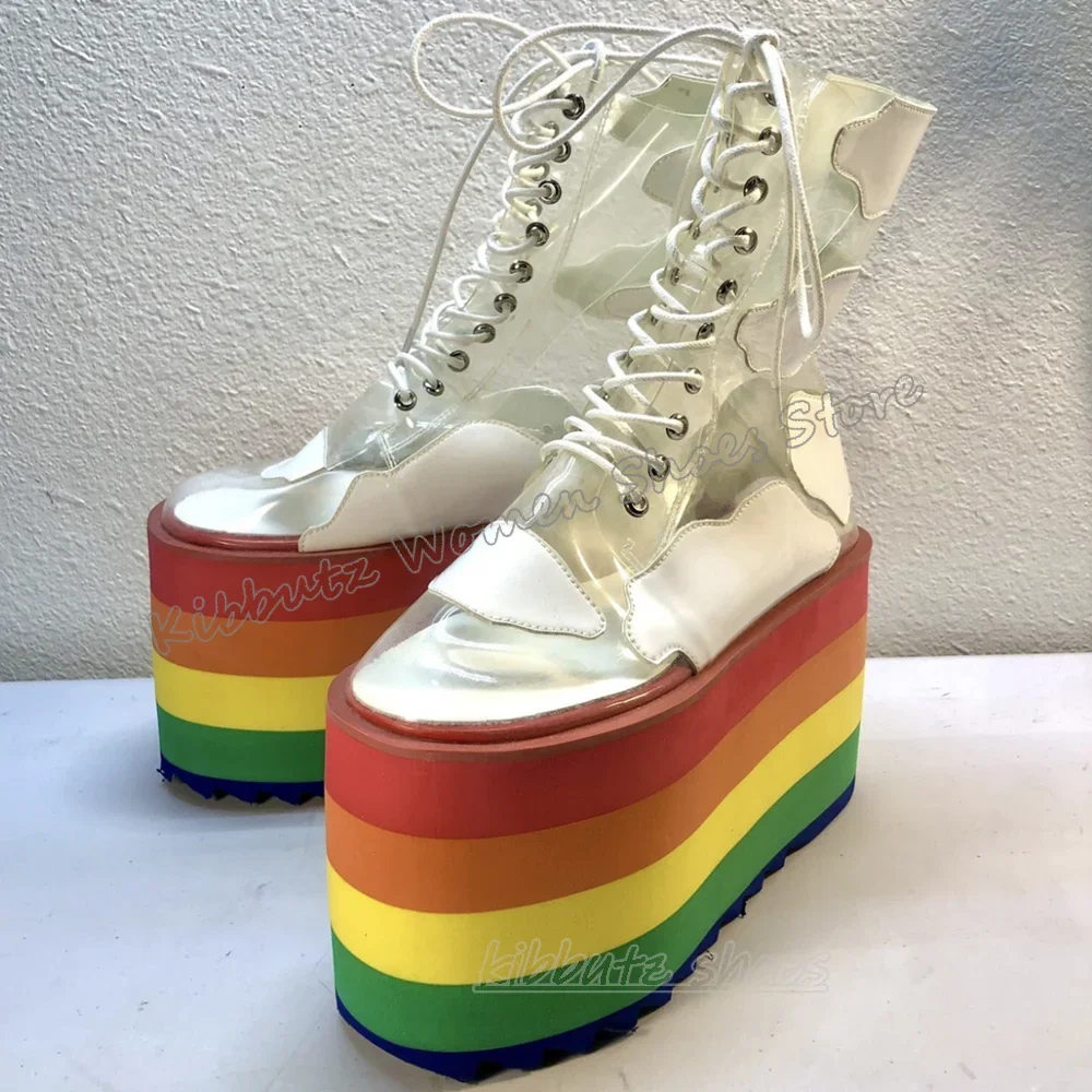 

Rainbow Transparent Ankle Boots Platform Round Toe Height Increasing Mixed Color Fashion Elegant Concise Sexy Women Shoes Newest