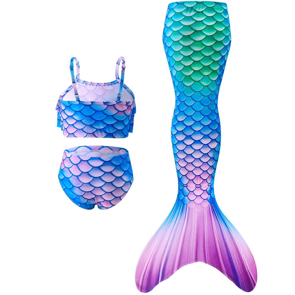 Girls Mermaid Bikini Swimsuit Set with Top Bottom and Tail, Cute Children Swimming Clothes, Underwater Performance Swimwear