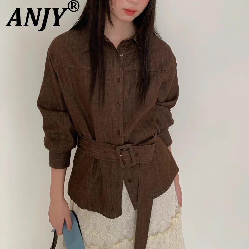 

ANJY Early Autumn New Women French Style Turn-Down Collar Long Sleeve Belt Denim Shirt Fashion Elegant Casual Office Lady A12577