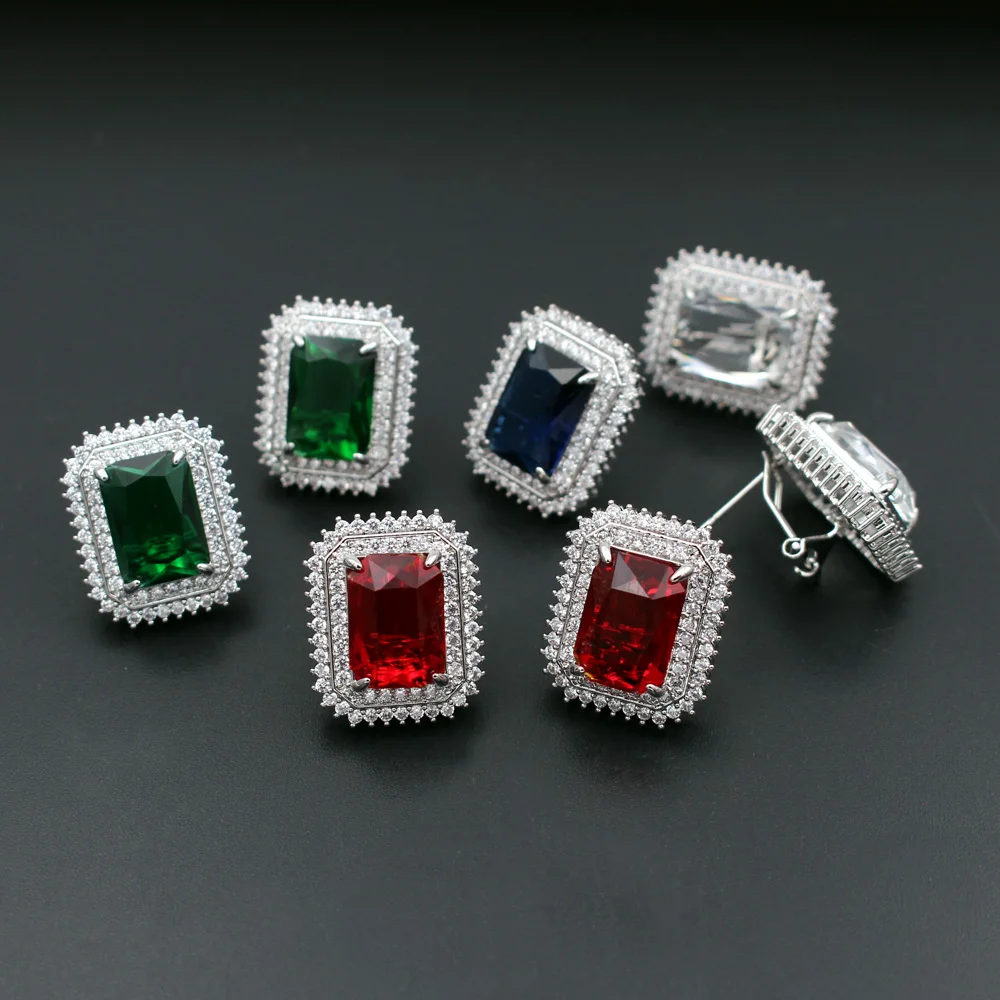 6pair Quality Colors Clear White Blue CZ Zircon Rectangle Earrings Post Silver Gold Plated Copper Studs For DIY Women Earrings