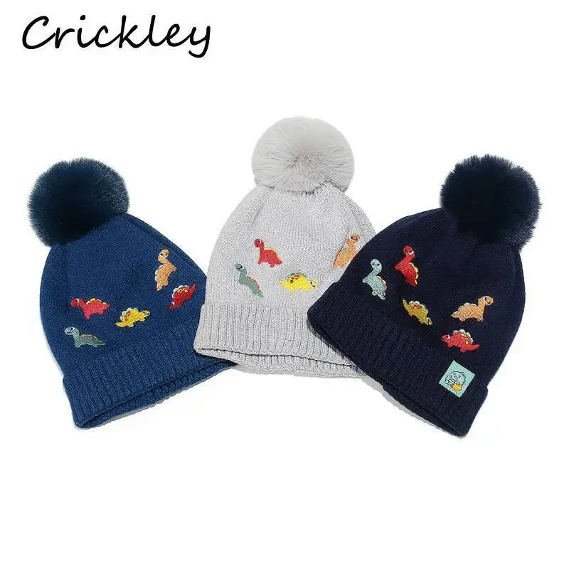 

Dinosaur Embroidery Children Hats Pompom Knitted Warm Fleece Kids Caps Autumn Winter Hats For Boys Girls