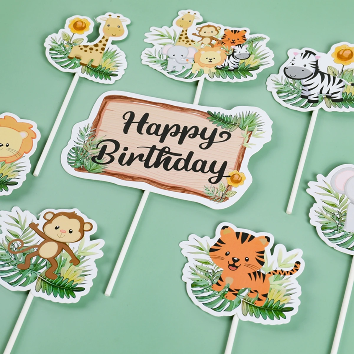 Safari Animals Cake Toppers Cartoon Giraffe Lion Zebra Cupcake Wrapper Jungle Themed Kids Boy Wild 1st Birthday Party Decoration