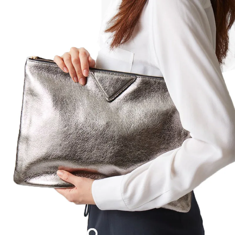 A4 Size Metallic Color Clutch Bag Soft PU Leather Luxury Wedding Evening Pouch Large Capacity File Zipper Women Bag