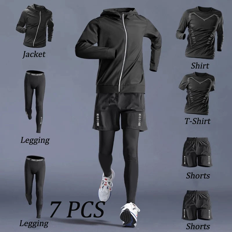 Autumn 5-7 PCS Sports Suit Men's Running Training Wear Fitness Outwear Quick Dry Clothes Morning Cycling Clothing Sportswear Men