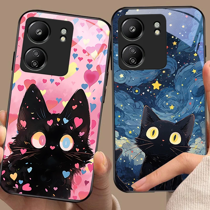 Cute Little Cat Black For Xiaomi Redmi 13C Note13 12 Pro Plus 5G Note 9 13T Pro POCO X6 F5 F6 Black Tempered Glass Phone Case