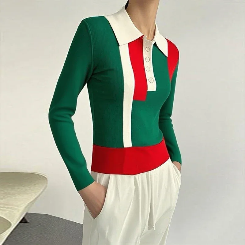 

Women's Autumn Winter Casual Knitting Sweater 2025 New Contrast Color Buttoned Long Sleeves Urban Pullovers Polo Tops for Woman