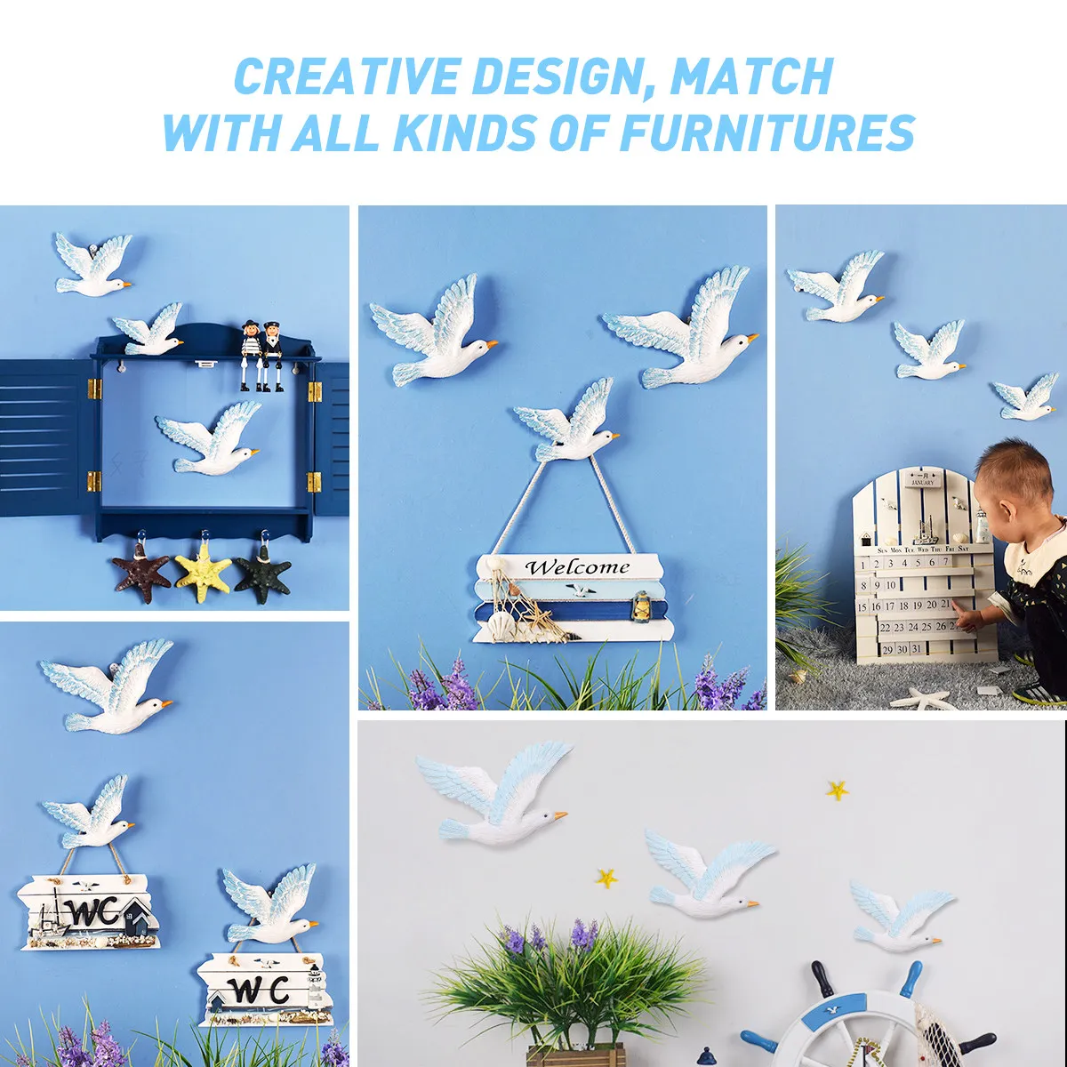 3Pcs Resin Seabird Wall Hanging Ornament Set Mediterranean Decor for Sailing Lovers Nautical Wall Art Living Room Bedroom Decor