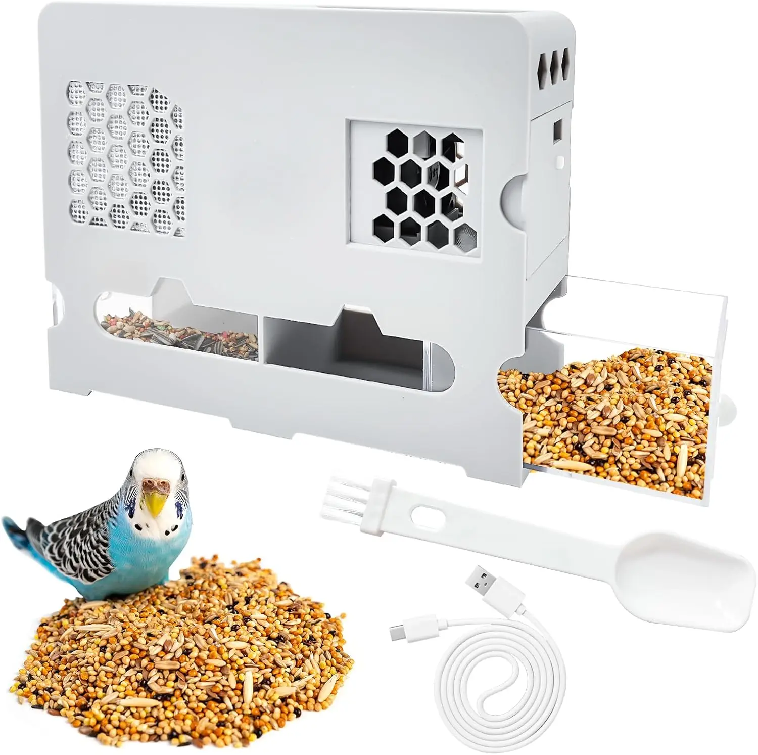 

Automatic Bird Seed Cleaner with Adjustable Wind Speed, Digital Display, Rechargeable and Washable for Easy Shelling