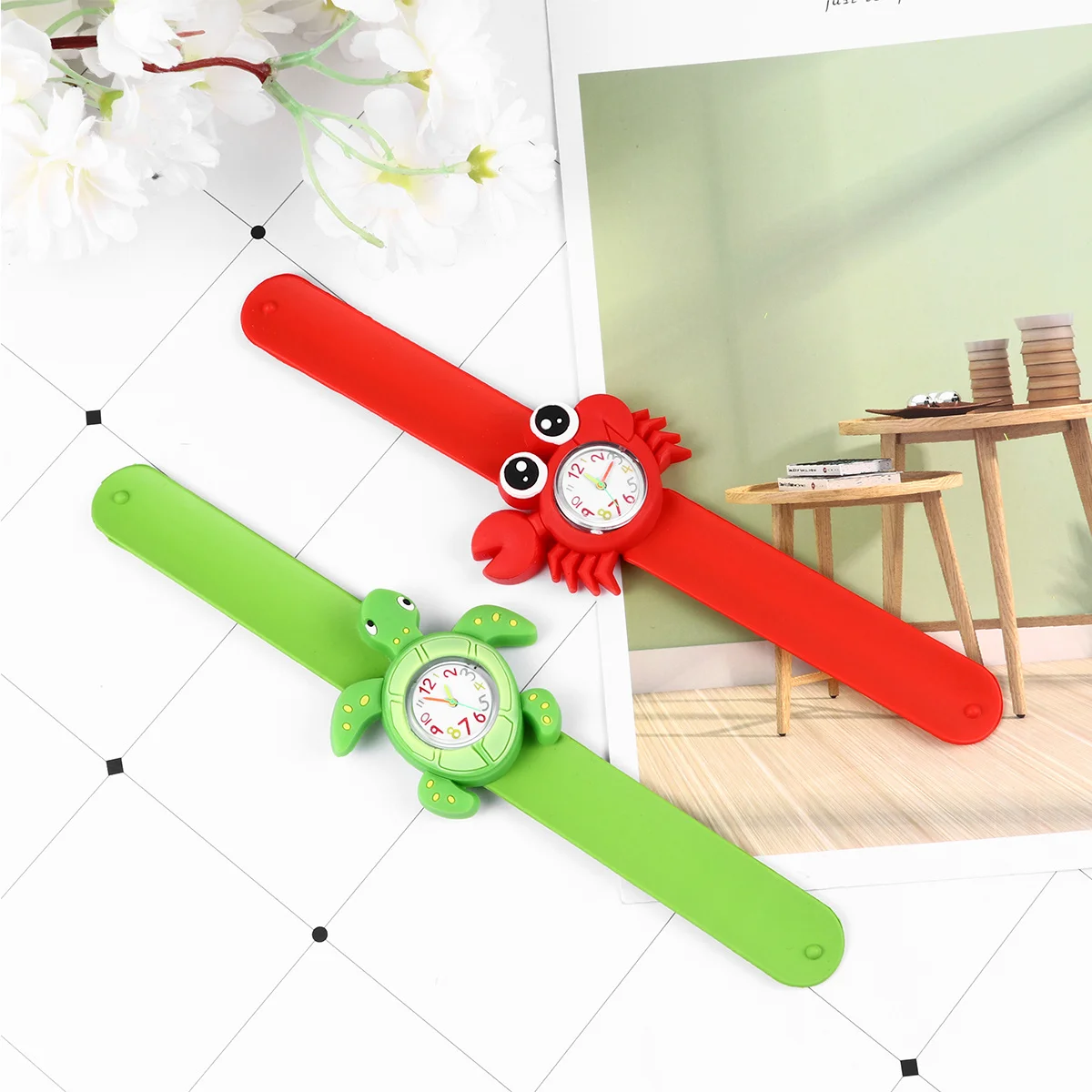 2pcs Children Watch Marine Animal Design Cartoon Kids Wristwatch For Birthday Party Baby Shower Gift Crab Green Sea Turtle Red