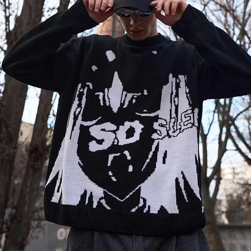 

Зимняя мода с круглым вырезом, черно-белый стиль, крутой пуловер с узором Y2K, классический теплый толстый свитер для мужчин и женщин