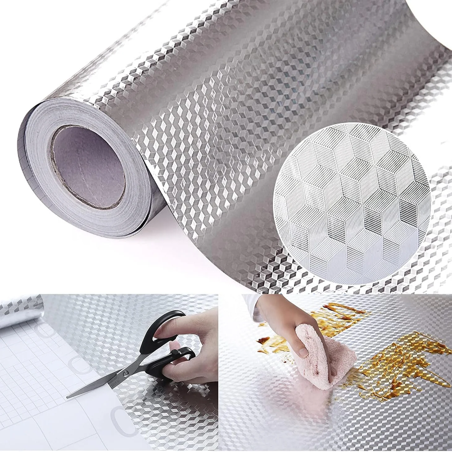 1PC Oil Proof Kitchen Wallpaper Self-Adhesive Aluminum Foil Backsplash Silver Cabinet Liner Waterproof Heat Resistant