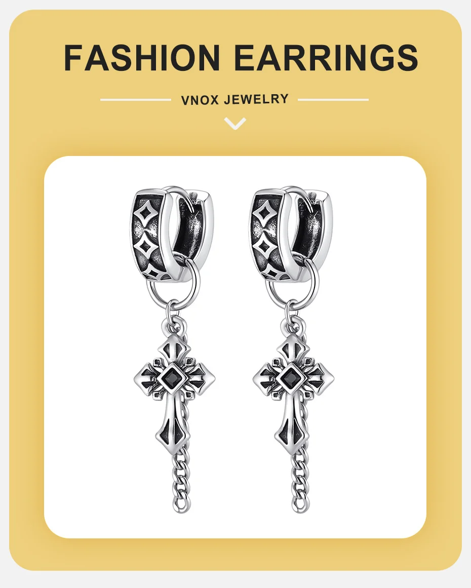 Vnox Kupfer Vintage Kreuz-Ohrhänger für Männer, Silberfarbene Kette mit Quaste, Hoop-Ohrringe im Punk-Gothic-Hip-Hop-Stil, Geschenk für Ohrschmuck – Detail 1