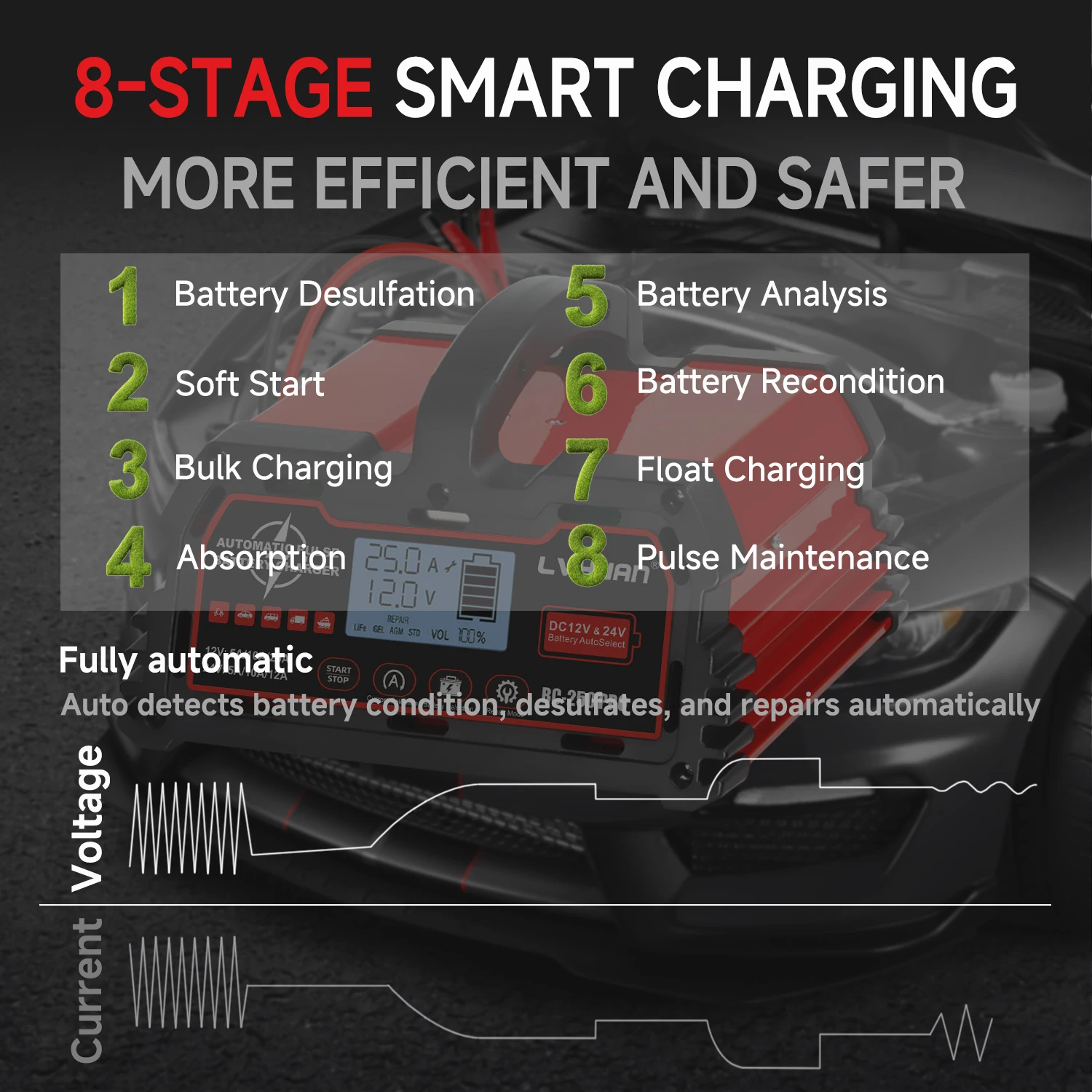 Nabíječka baterií LVYUAN 20A 25A 30A 40A pro 12V 24V olověné baterie/LiFePO4/AGM/STD/gelové/EFB s funkcí pulzní opravy - náhled 4