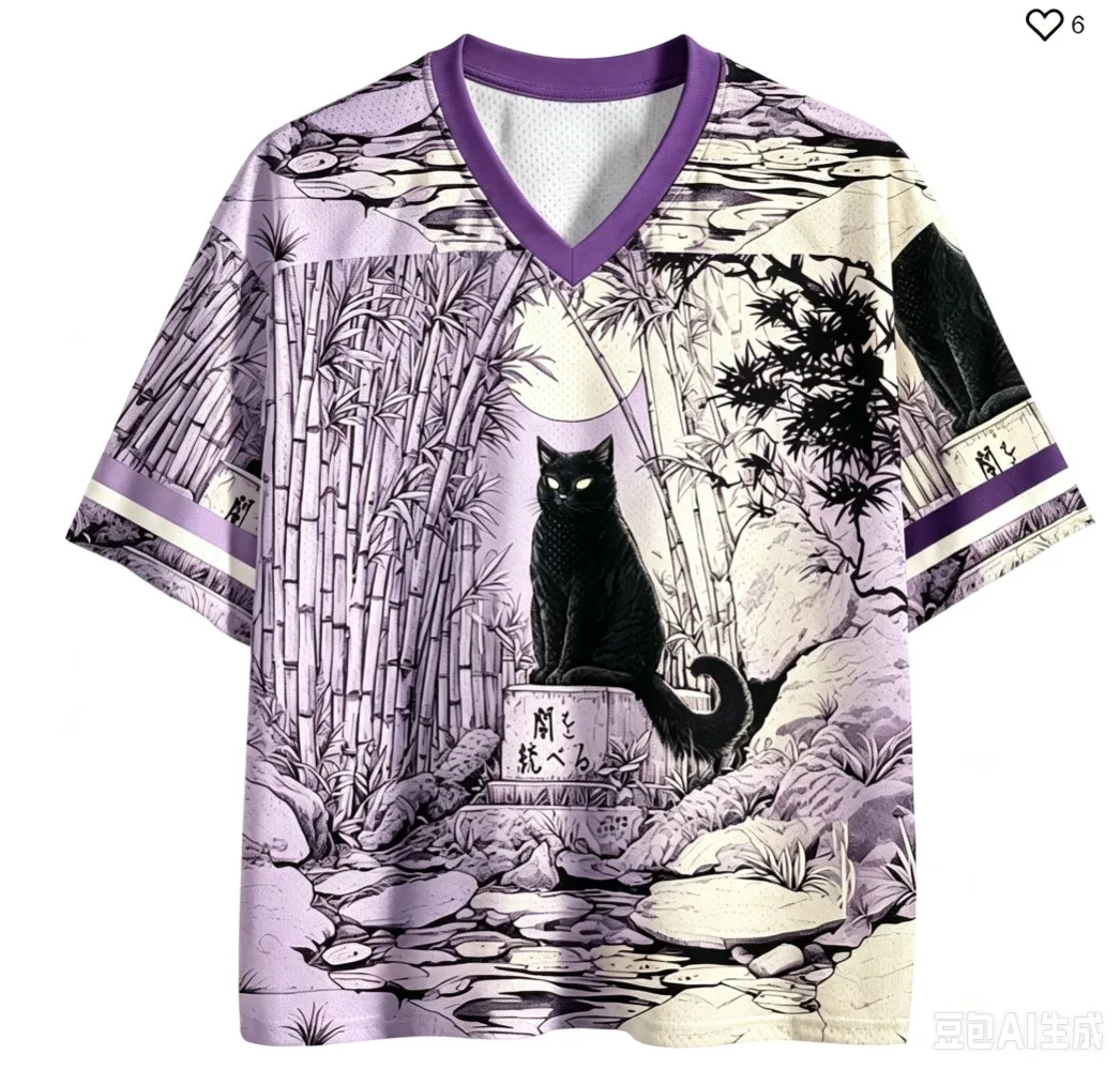 Schwarze Katze im Bambuswald 3D-Druck Herren V-Ausschnitt Übergrößen T-Shirt Japanisch Lässig Atmungsaktiv Schnelltrocknend Locker Sitzend Eltern-Kind – Detail 4