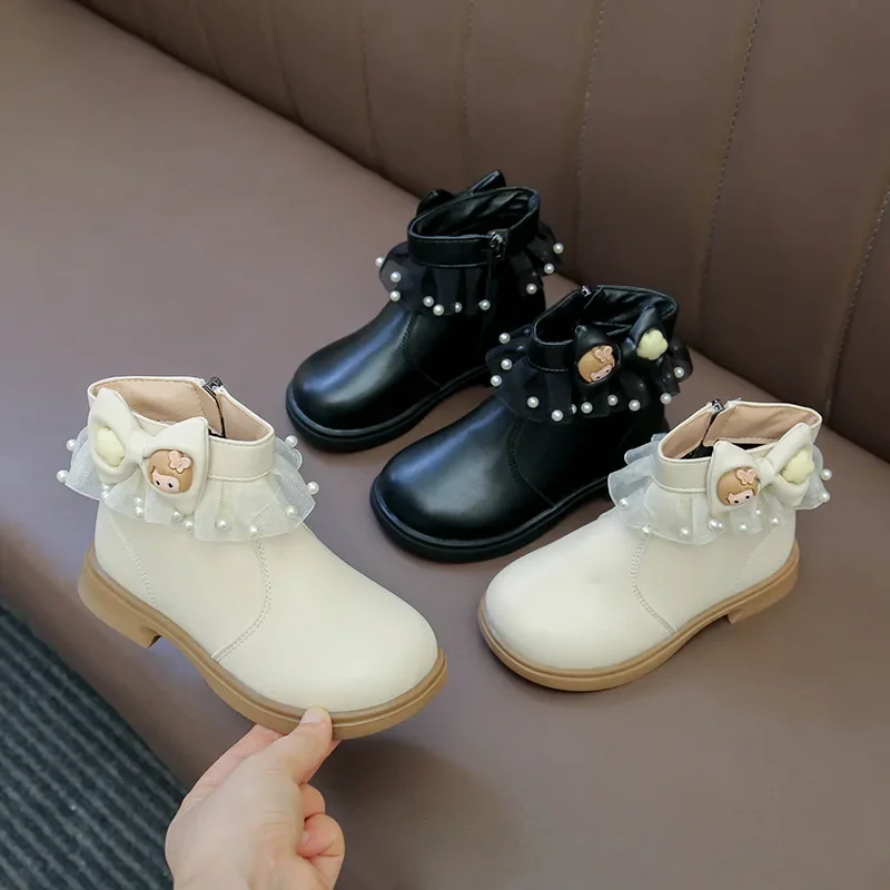 

2025 Fall New Girls' Princess Lace Boots Toddler Ankle Boots Zipper Design Leather Shoes for Little Girls