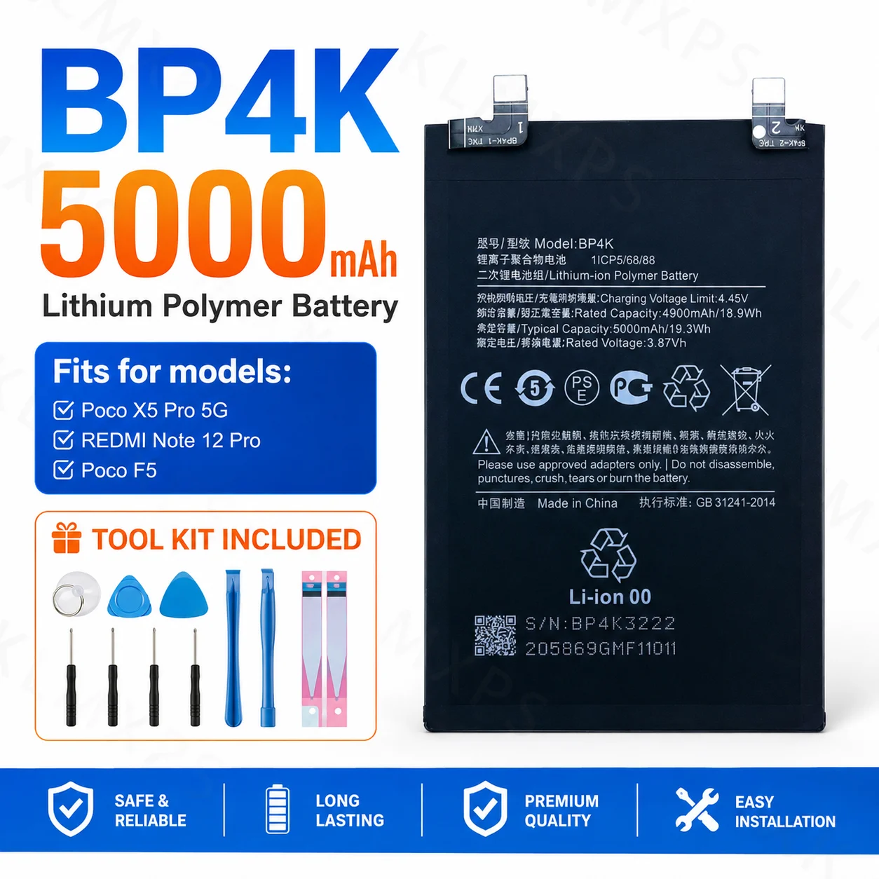 Premium Replacement Battery BP4K 5000mAh For Xiaomi Redmi Note 12 Pro Note 12T, For Poco X5 Pro Mobile Phone Repair Parts